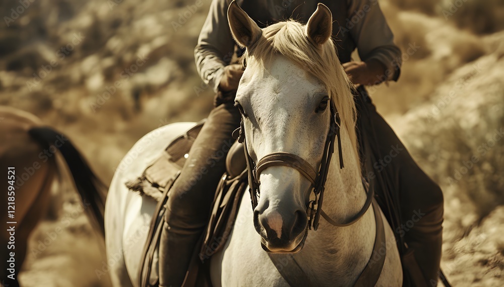 Obraz premium A close-up view of a rider on a white horse in a rugged landscape. The horse's elegant features and the rider's attire evoke a sense of adventure and the wild spirit of nature.