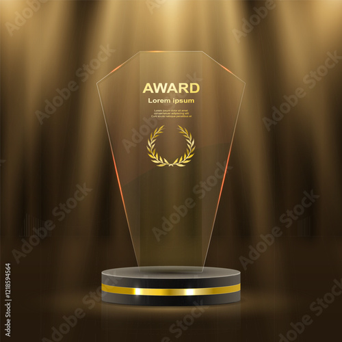 Golden award ceremony stage featuring glowing stars, luxurious laurel wreaths, and elegant gold ribbons. 3D realistic vector illustration showcasing a grand podium with prestigious background