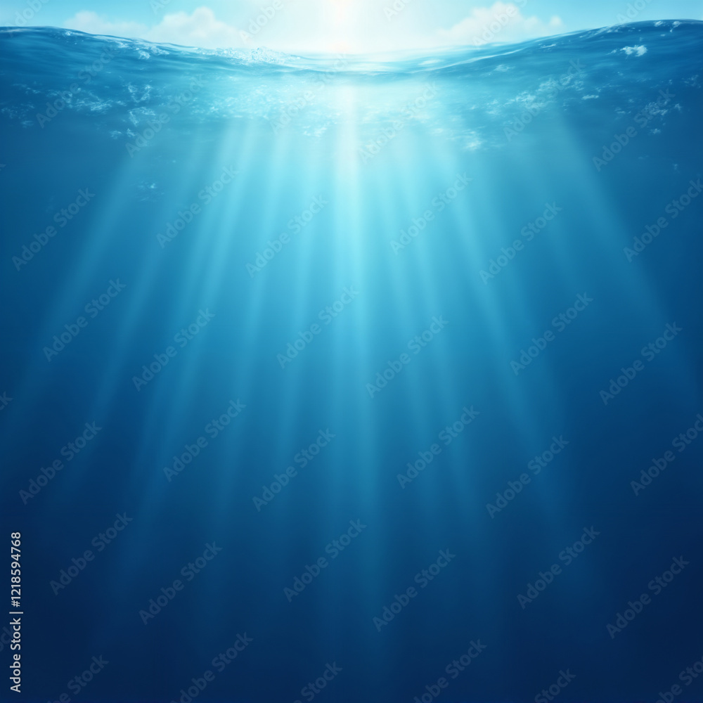 Fototapeta premium the sun's rays shine into the depths of the ocean, sunlight underwater, impressive seascape, beautiful and calm blue water surface, beautiful nature as a background