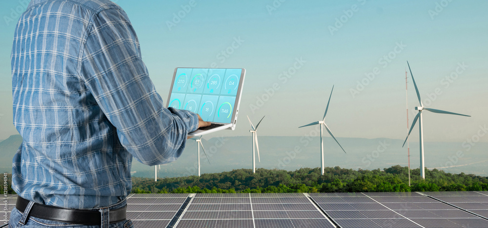 Engineers inspect clean energy systems solar cells and wind turbines.