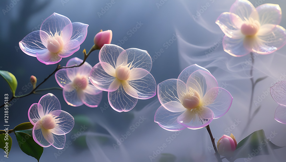 A beautiful camellia flower with a spectrum theme and enchanting smoke. Created with generative AI A beautiful camellia flower with a spectrum theme and enchanting smoke. Created with generative AI