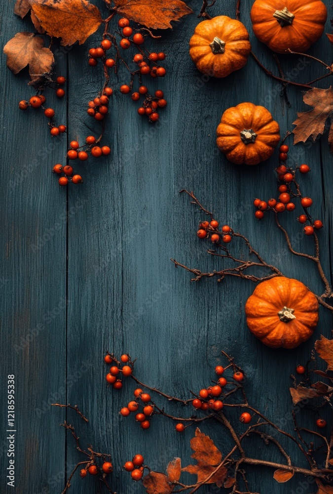 Autumnal Scene with Bright Orange Pumpkins and Vibrant Red Berries Set Against a Rustic Blue Wood Background, Perfect for Fall Decor or Seasonal Celebrations