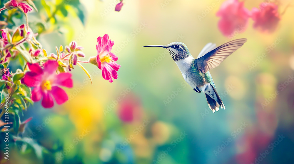 Naklejka premium Depict the delicate beauty of a watercolor hummingbird gracefully hovering near a vibrant, blooming flower in a vivid, nature-inspired scene