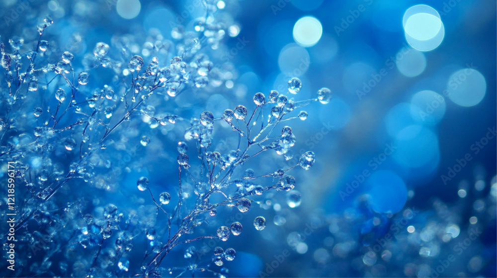 Fototapeta premium Close-up of delicate branches with small water droplets, set against a soft blue background with bokeh effects. The overall atmosphere is tranquil and ethereal
