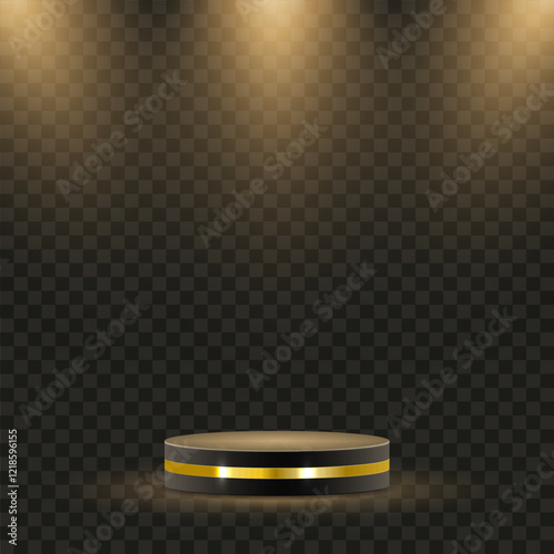 Golden award ceremony stage featuring glowing stars, luxurious laurel wreaths, and elegant gold ribbons. 3D realistic vector illustration showcasing a grand podium with prestigious background