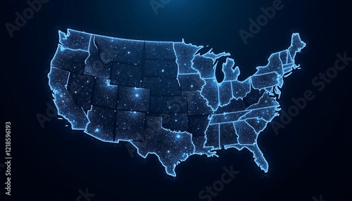 Digital map of the USA with glowing blue network connections