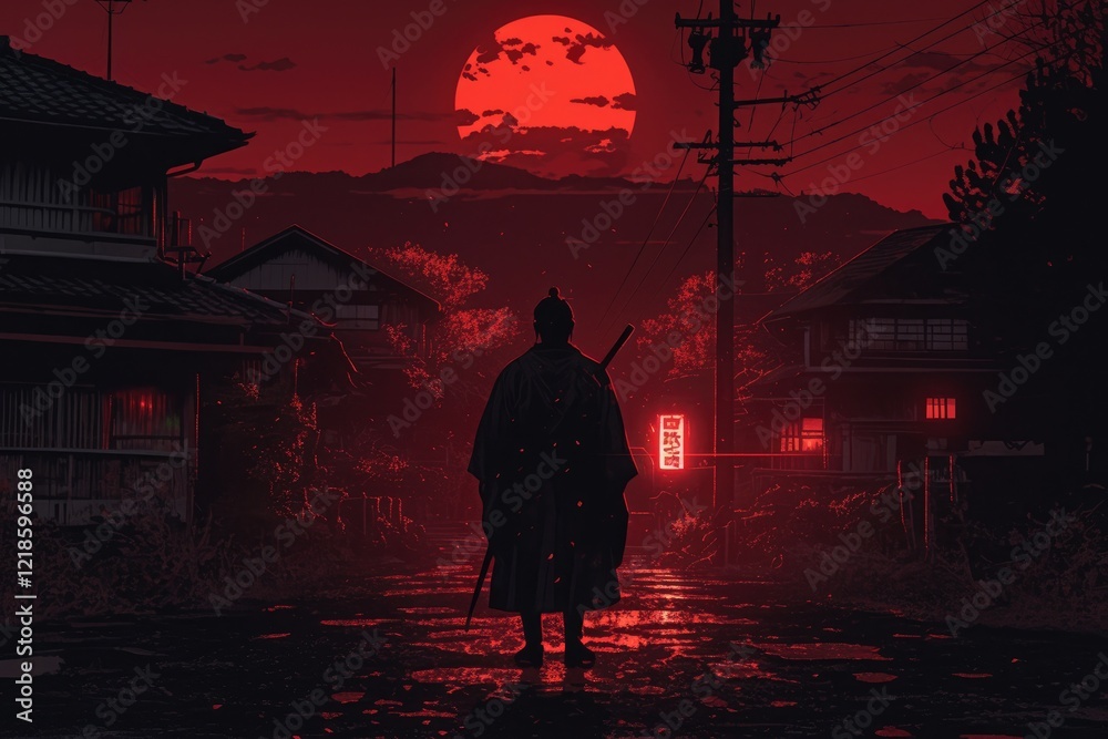Fototapeta premium Samurai Stands Alone Under Crimson Moonlit Sky
