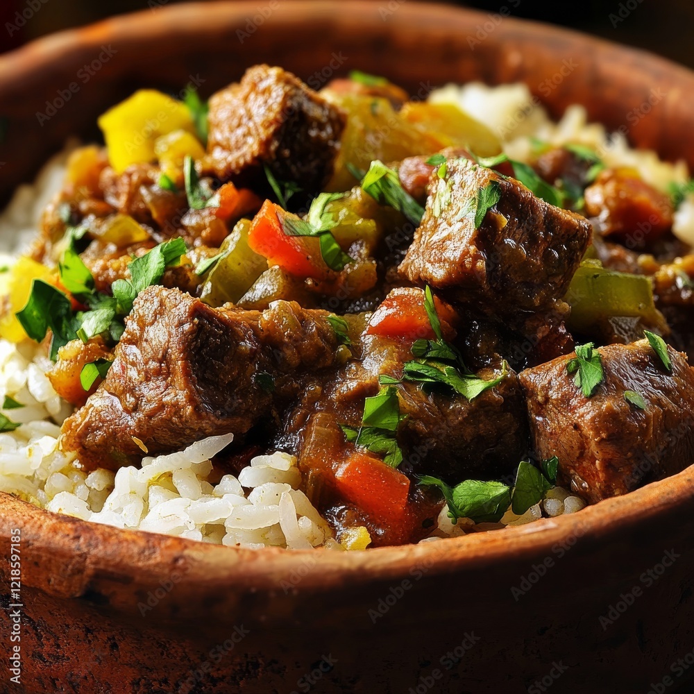 Close-up of a rice bowl with Moroccan tagine and lamb. Featuring a rich and aromatic dish. Highlighting the texture and spices of the tagine. Ideal for food and cultural themes. Close-up of a rice bowl with Moroccan tagine and lamb. Featuring a rich and aromatic dish. Highlighting the texture and spices of the tagine. Ideal for food and cultural themes.
