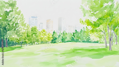 Minimalist watercolor of green trees and city skyline in the distance, white background, green color scheme, minimalistic, elegant, clean lines, neutral tones, tranquil park scene with blurred 