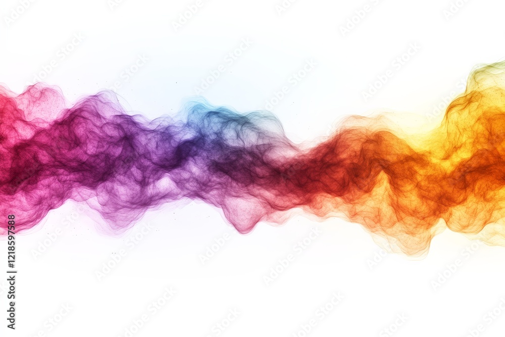 Colorful smoke waves create an artistic display in vibrant hues across a white background Colorful smoke waves create an artistic display in vibrant hues across a white background