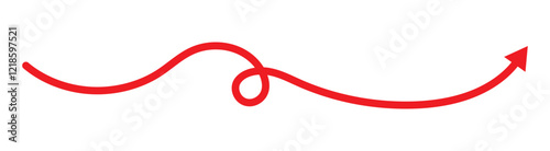  Long Red right side arrow vector. Simple line hand drawn Red arrow. wavy curved Long arrow icon. long line arrow vector. flat style Arrow symbol. arrow on a white background. vector illustration.