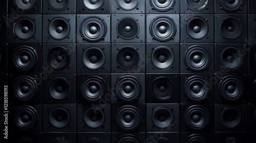 Wall of black speakers arranged in a grid