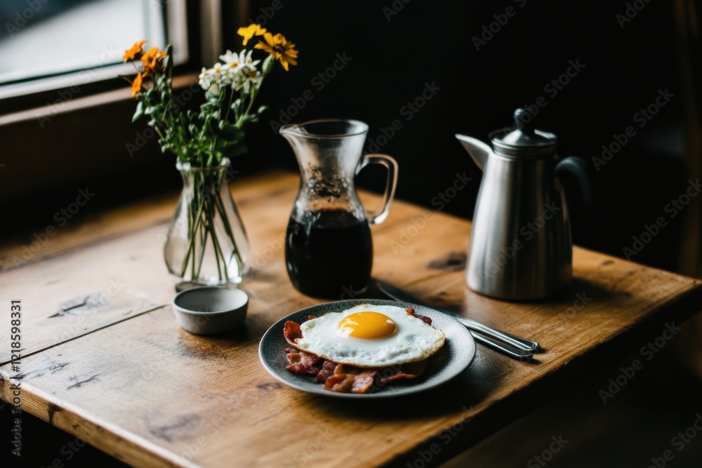 Breakfast scene with sunny-side up egg, bacon, coffee, flowers Breakfast scene with sunny-side up egg, bacon, coffee, flowers