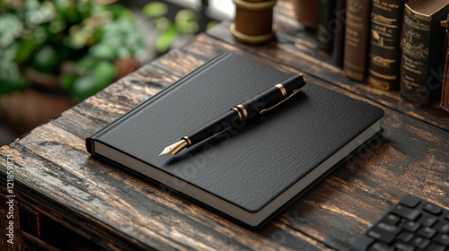 Black notebook and fountain pen on wooden desk.