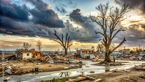 Desolate landscape with destroyed buildings and uprooted trees after a tornado
