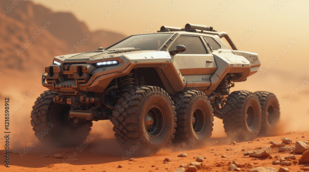 Fototapeta premium Dust clouds rise as a six-wheeled off-road vehicle traverses the rugged terrain of Mars at sunset, showcasing advanced technology and design for extraterrestrial exploration