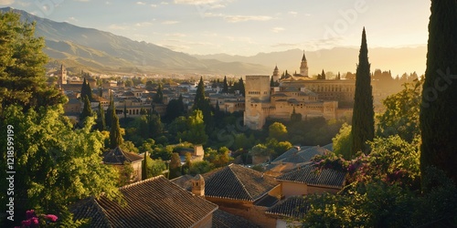Alhambra Palace sunset view, Spain.  Travel postcard