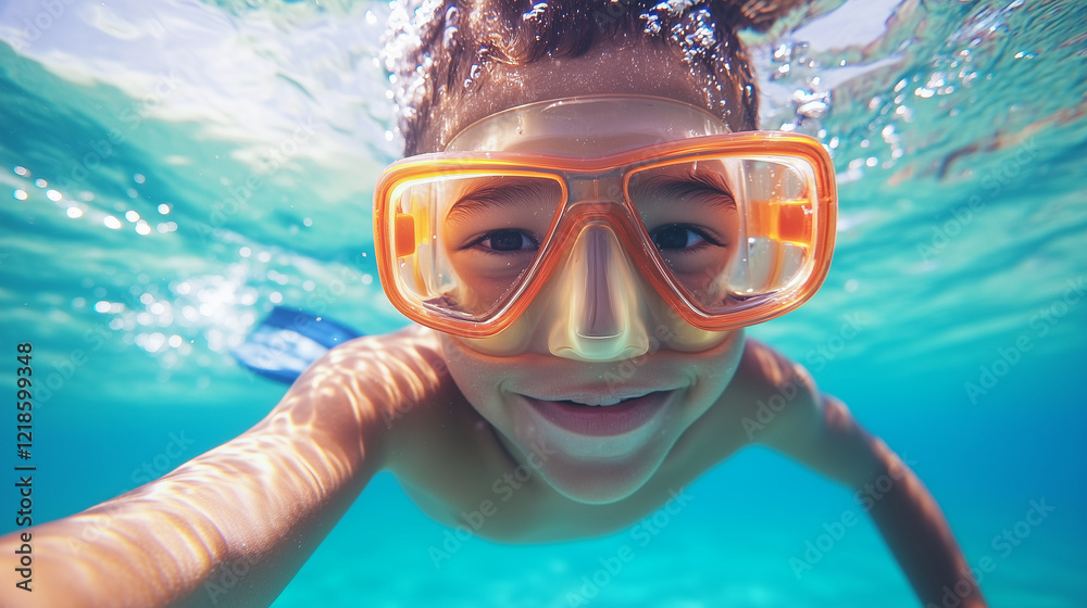 Fototapeta premium Underwater Exploration for Children in Tropical Waters. family snorkeling, coral reef, tropical waters, kidsâ swimming lessons, water sports, outdoor adventure, beach holidays, Car