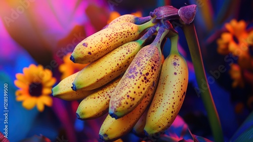 Ripe bananas bunch, vibrant flowers, garden, healthy food photo