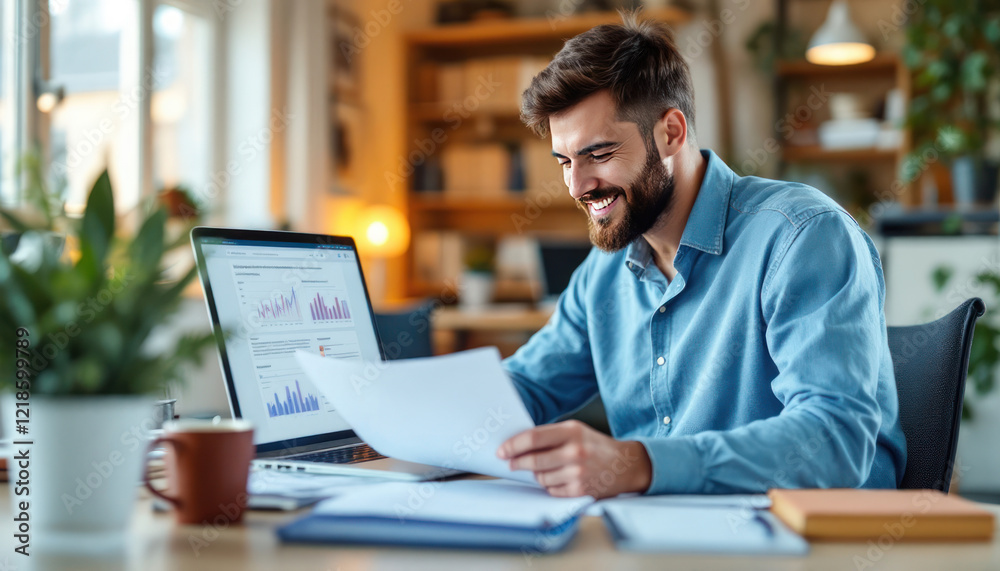 Happy Businessman Reviewing Documents and Financial Reports at Home Office Happy Businessman Reviewing Documents and Financial Reports at Home Office