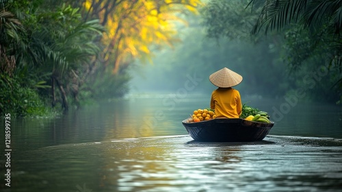Fototapeta Naklejka Na Ścianę i Meble -  Asian woman in conical hat paddling boat with produce on a misty canal in jungle