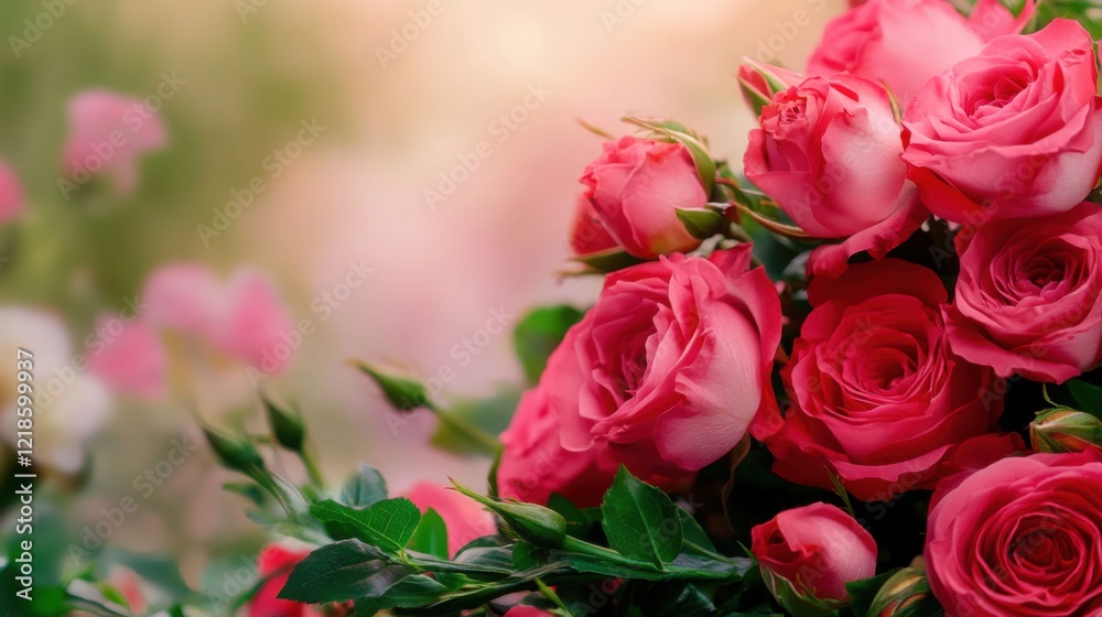 Vibrant Pink Roses Surrounded by Lush Green Leaves in Soft Focal Background Vibrant Pink Roses Surrounded by Lush Green Leaves in Soft Focal Background