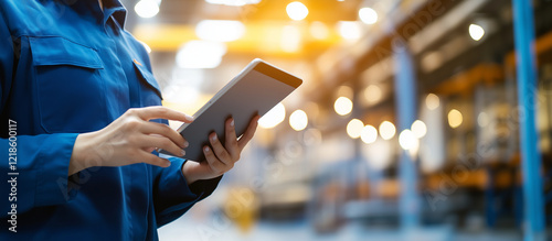 Industrial Specialist Using Tablet in Metal Manufacturing Facility. A skilled worker in a safety uniform and hard hat uses a tablet computer to oversee operations in a metal manufa photo