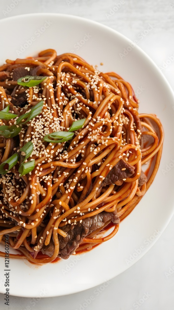Spicy Beef Lo Mein with Fresh Green Onion and Sesame Seed Garnish
Spicy Beef Lo Mein with Fresh Green Onion and Sesame Seed Garnish