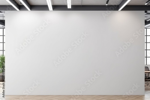 Empty white room with a blank wall and bright lighting for a mockup gallery or exhibition space
