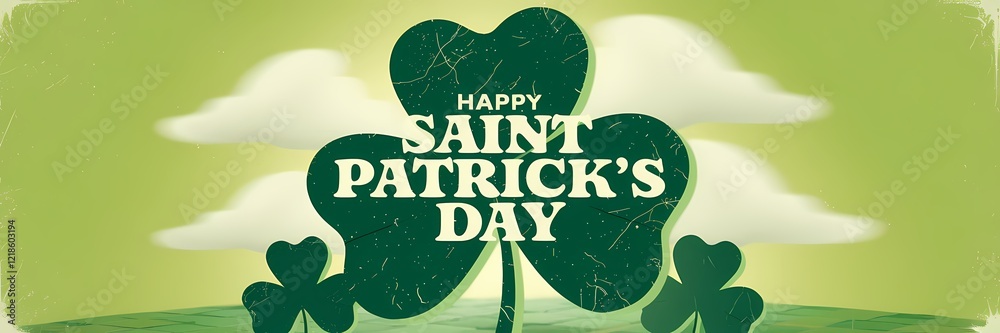 Naklejka premium A 3D render of a creative minimalist Saint Patrick's Day poster with a retro theme. The background is a light green field with white clouds. There are three large white shamrocks with green leaves. 