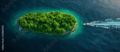Aerial View of a Lush Tropical Island with Turquoise Waters and a Luxury Motorboat – Stunning Coastal Scenery and Serene Paradise Getaway