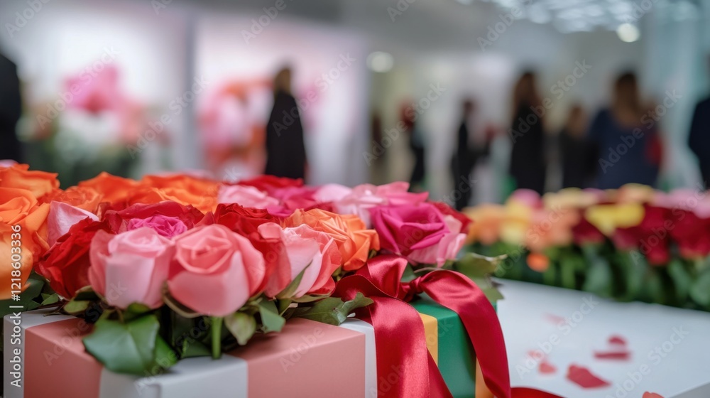Colorful Roses in Gift Boxes with Elegant Ribbons at a Floral Event Setting Colorful Roses in Gift Boxes with Elegant Ribbons at a Floral Event Setting