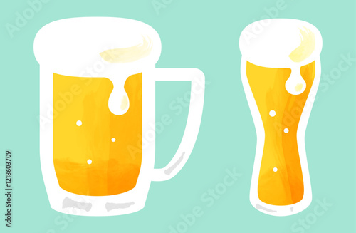 ビールのベクターイラストセット ビールジョッキ グラスビール 水彩