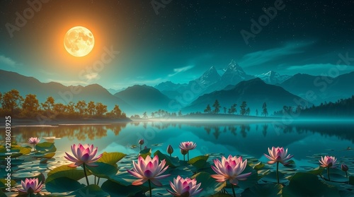 night view of mountains with full moon and lit lotus flowers