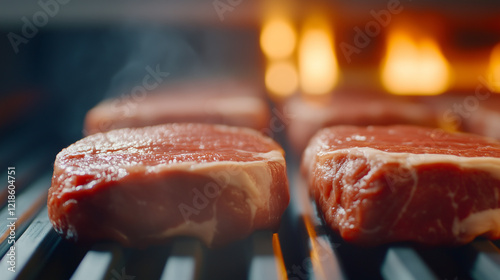 Conveyor Belt in Beef Processing Plant, Showcasing Modern Industrial Meat Production A close-up of a conveyor belt in a beef processing plant, highlighting the technological advanc photo