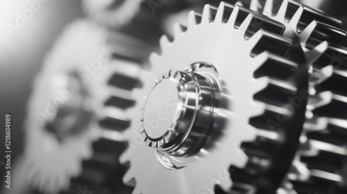 Detailed Close-Up of Interlocking Gears, Representing Industrial Engineering and Design Innovation A close-up view of interlocking metal gears, symbolizing the complexity and preci photo