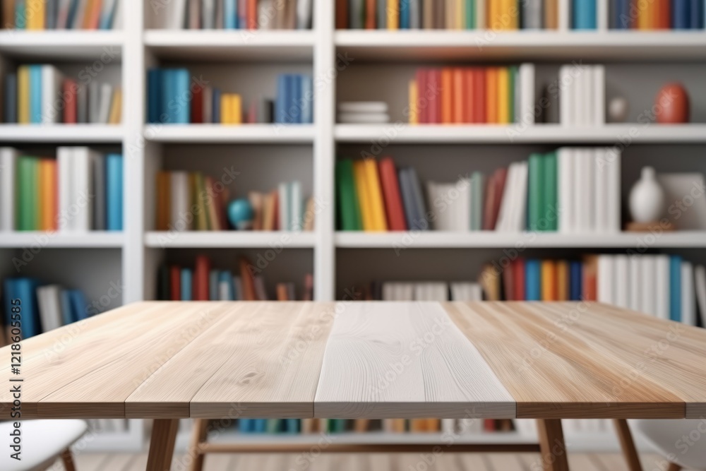 Fototapeta premium A close-up empty desk over bookshelf filled with books in a library
