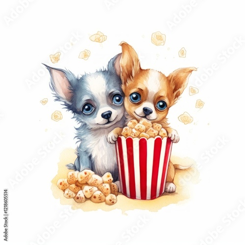 Quadro su tela Two cute chihuahuas with bright eyes enjoying a bucket of popcorn, depicted in a playful and colorful watercolor illustration, white background, watercolor
