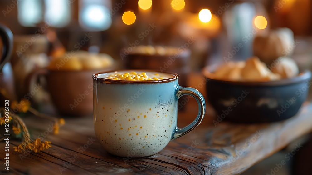 Obraz premium A family sitting around the kitchen table, enjoying warm homemade corn milk in rustic mugs