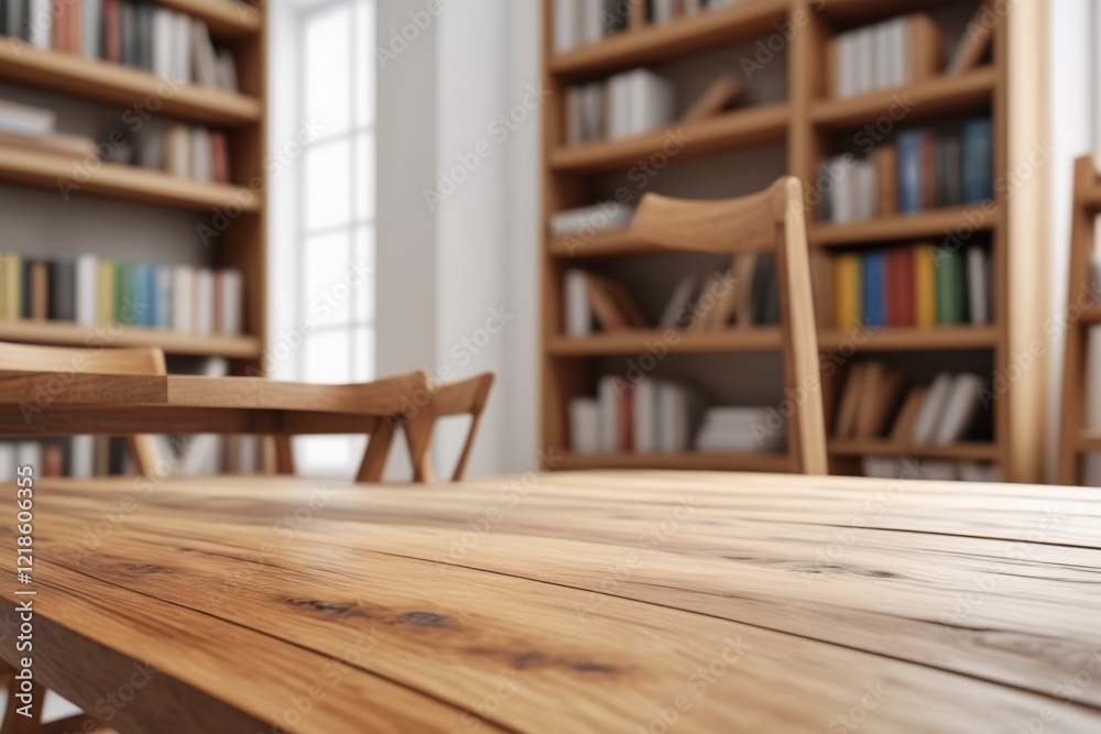 Fototapeta premium Books on shelves over a wooden table in a vintage room with wooden flooring and an empty wall in a cozy home design