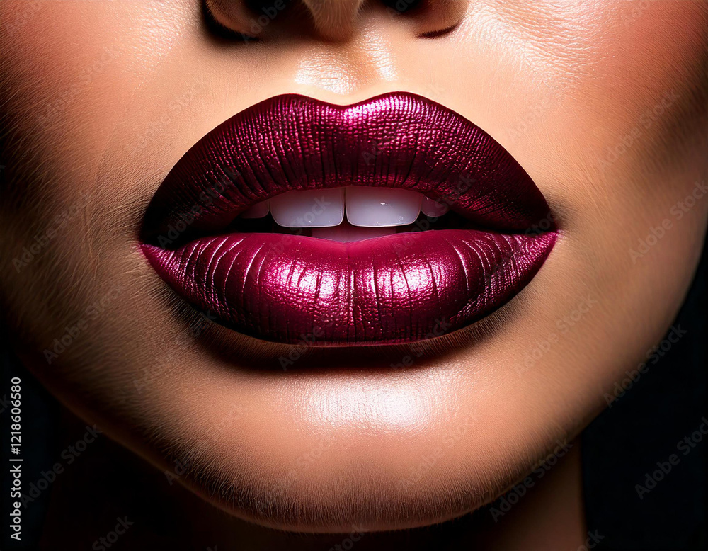 A woman with a long, purple lip. She has a very full mouth. The lips are very shiny A woman with a long, purple lip. She has a very full mouth. The lips are very shiny