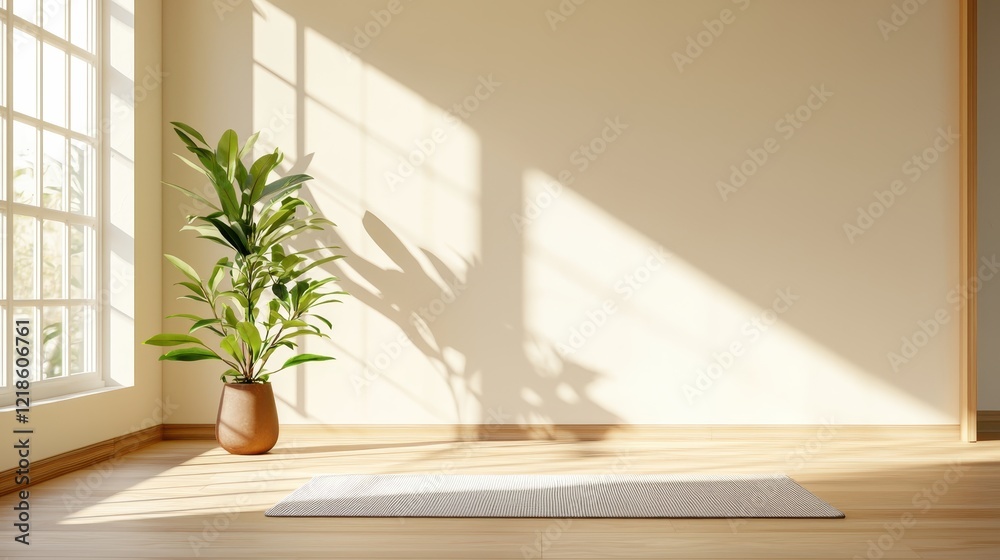Fototapeta premium A serene interior space featuring a yoga mat, a potted plant, and sunlight streaming through large windows, creating a peaceful atmosphere.