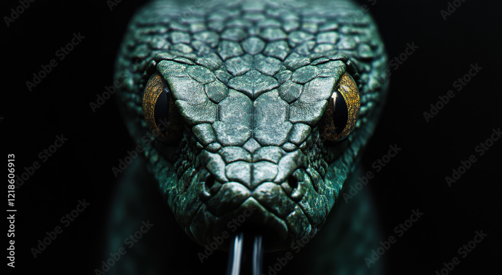 Fototapeta premium Details of a green snake emerge prominently with textured scales and captivating golden eyes. The close-up captures the creature's features in a mysterious setting.