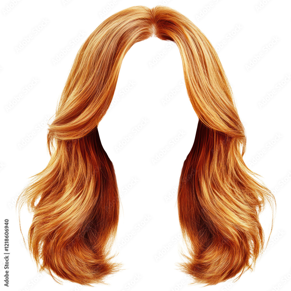 Lush red wig with soft waves and a clear alpha background for designs, hair isolated on a transparent background. PNG Lush red wig with soft waves and a clear alpha background for designs, hair isolated on a transparent background. PNG