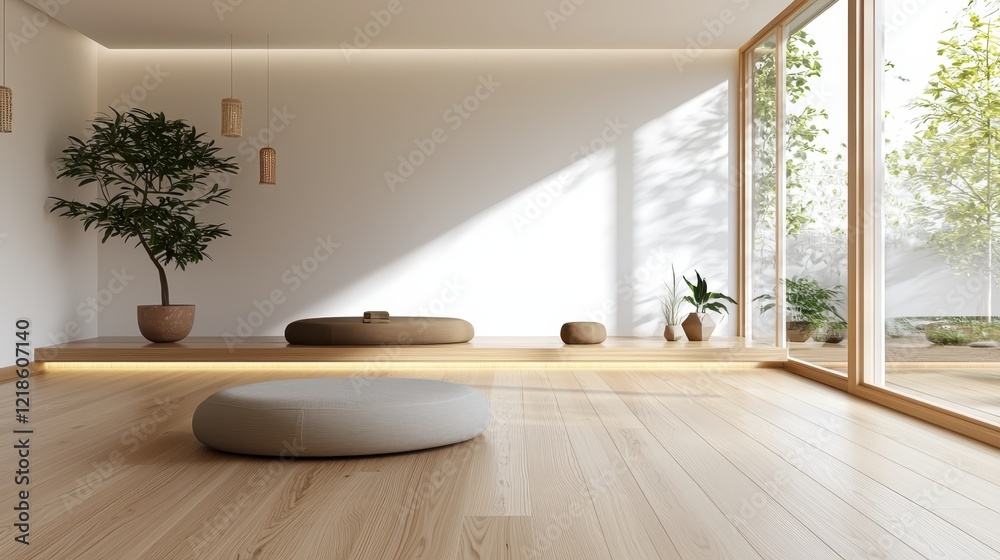 Fototapeta premium A serene, minimalistic interior featuring natural light, wooden elements, and indoor plants, promoting a calm and tranquil atmosphere.