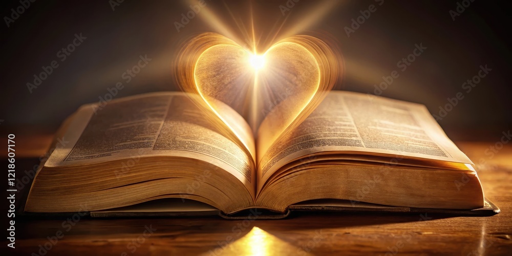 Glowing heart with illuminated pages of ancient Christian scriptures, inner light, sacred texts Glowing heart with illuminated pages of ancient Christian scriptures, inner light, sacred texts