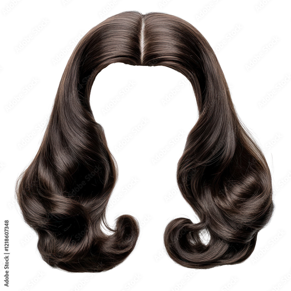 Long, wavy brown wig perfect for creating stylish looks at various events, hair isolated on a transparent background. PNG Long, wavy brown wig perfect for creating stylish looks at various events, hair isolated on a transparent background. PNG