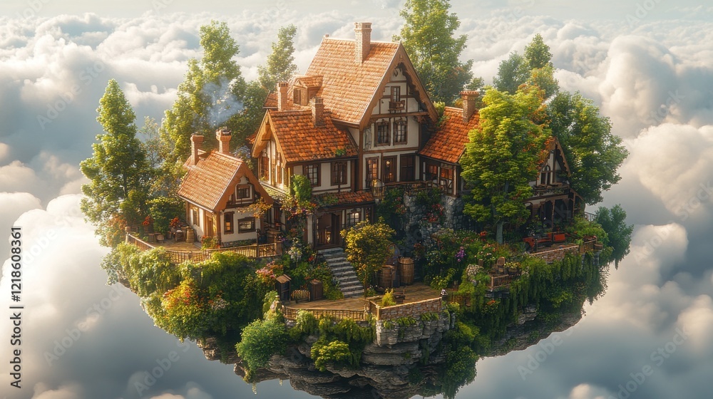 Obraz premium Floating house, cloudscape, garden, fantasy, advert