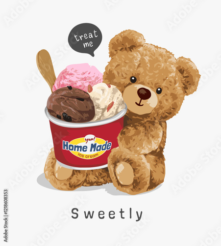 sweetly slogan with cute bear doll with ice cream cup vector illustration