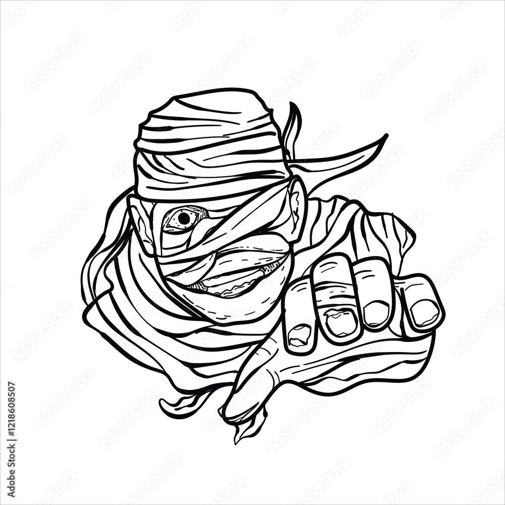 illustration of a scary mummy who wants to approach you, cool style, black and white, good for custom apparel clothing, or teaching materials mwearnai, vector format illustration of a scary mummy who wants to approach you, cool style, black and white, good for custom apparel clothing, or teaching materials mwearnai, vector format